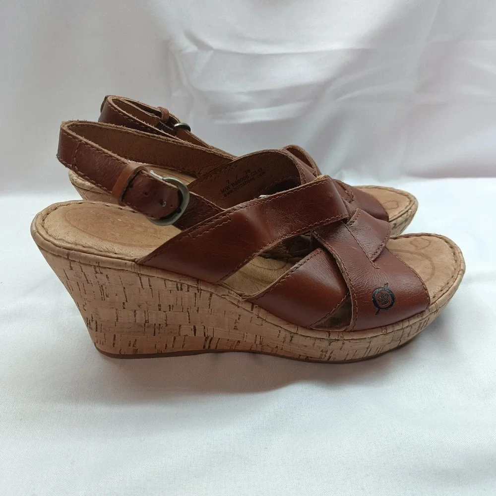 Born Brown Leather Strappy Cork Wedge Sandals Womens US 7